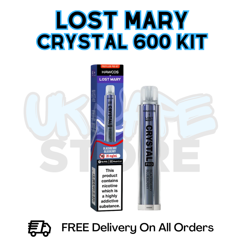 Blackberry Blueberry Lost Mary Crystal 600 vape kit with packaging on a white background