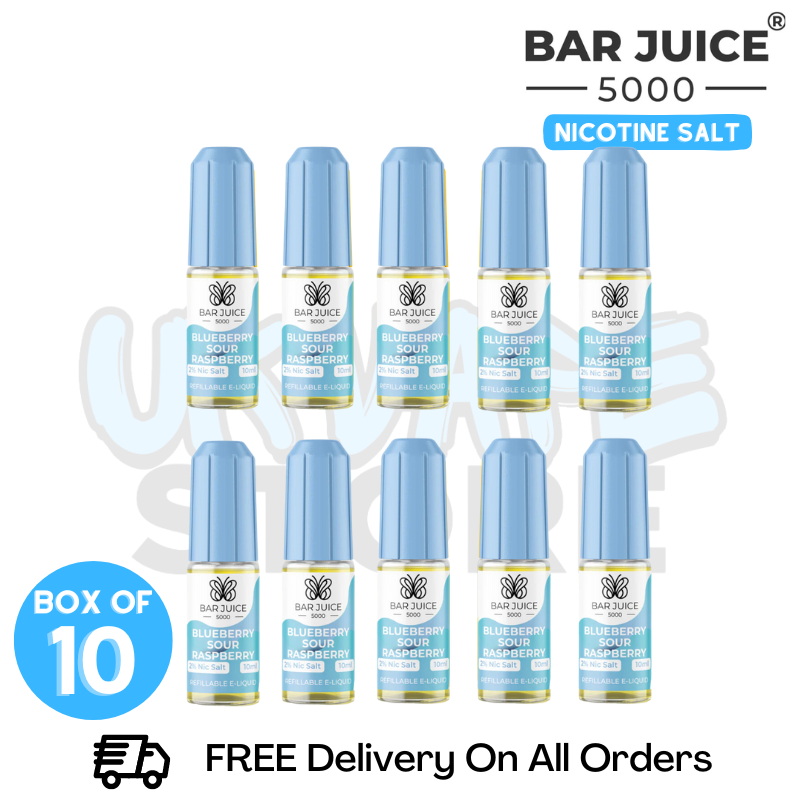 Buy Online Blueberry Sour Raspberry Bar Juice 5000 Nicotine Salt Pack Of 10 - UK Vape Store