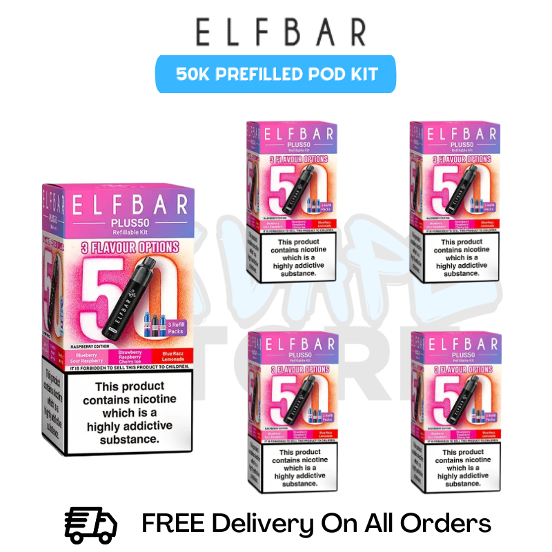 Raspberry Edition Elf Bar Plus 50k Prefilled Pod Kit Box Of 5