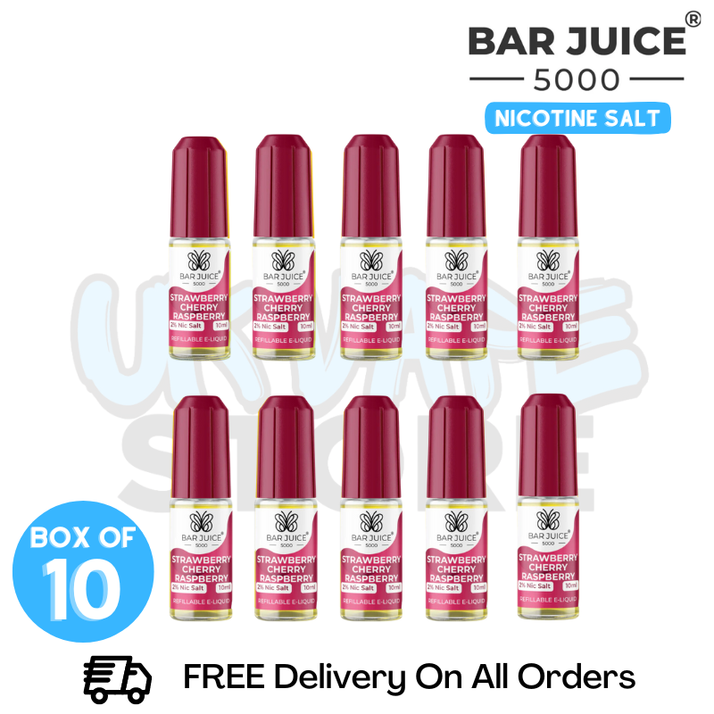 Shop Strawberry Cherry Raspberry Bar Juice 5000 Nicotine Salt Pack Of 10 - UK Vape World