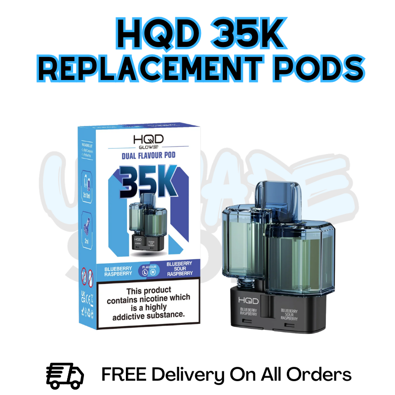 Blueberry Raspberry HQD 35K replacement pods with packaging on a white background