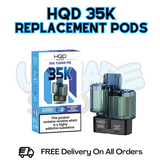 Blueberry Raspberry HQD 35K replacement pods with packaging on a white background