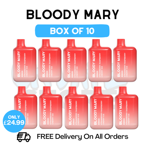 Shop Bloody Mary 600 Puff Strawberry Raspberry Cherry Ice Pack Of 10 - UK Vape Store